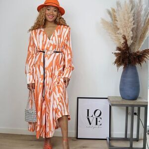 H&M Orange & White Patterned V Neck Midi Dress
